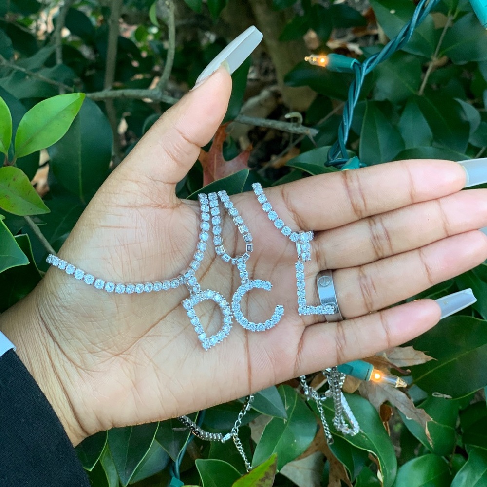 Rhinestone tennis initial necklace